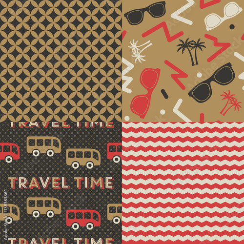 Set of Travel Patterns. Collection of 4 holiday themed retro seamless patterns