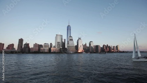 Scenic view of a sailboat on the Hudson River near Downtown Manhattan