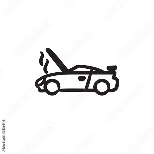 Broken car with open hood sketch icon.
