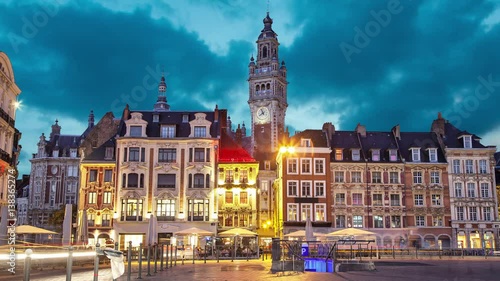 Old buildings on the Grand Place square at the evening, Lille, France   (static image with animated sky)
