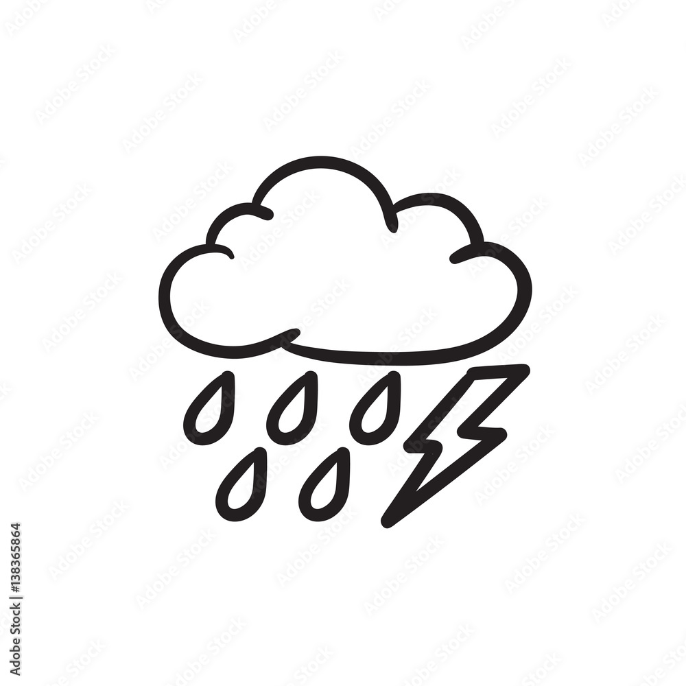 Cloud with rain and lightning bolt sketch icon. Cloud with rain and lightning bolt sketch icon.