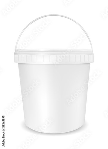 White plastic bucket for food, sour cream, sauce and snack