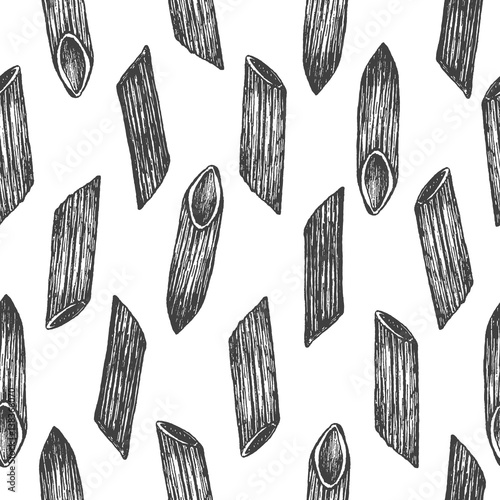 Seamless pattern design or background with pasta penne rigate.Hand drawn illustration by ink and pen sketch set. Design for pasta products.
