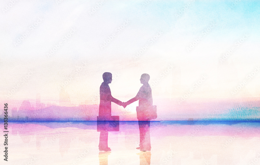 Fototapeta premium Two business man shake hand silhouettes