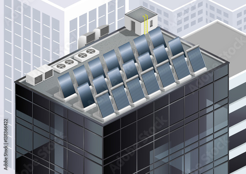 Solar panels on the roof of a skyscraper. Alternative energy. Vector graphics