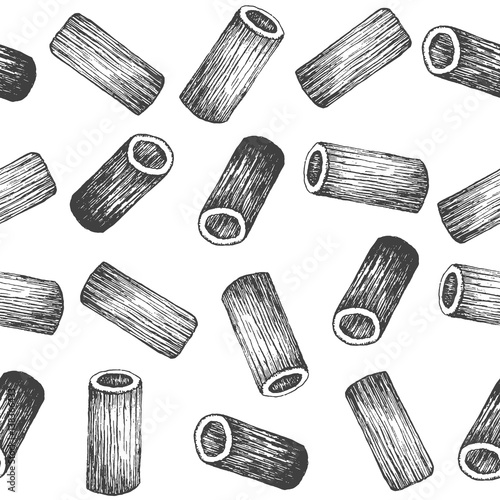 Seamless pattern design or background with pasta rigatoni.Hand drawn illustration by ink and pen sketch set. Design for pasta products.