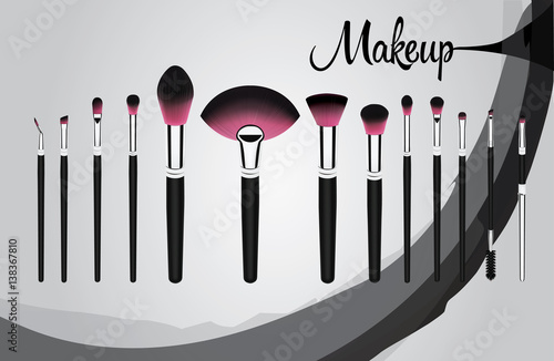 Vector illustration concept of a set of makeup cosmetic brushes with Grundge stroke on background.