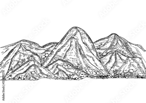 Hand drawn Mountains sketch landscape. Vector Illustration