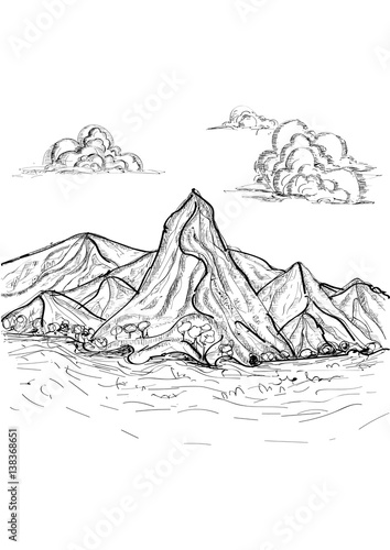 Hand drawn Mountains sketch landscape. Vector Illustration