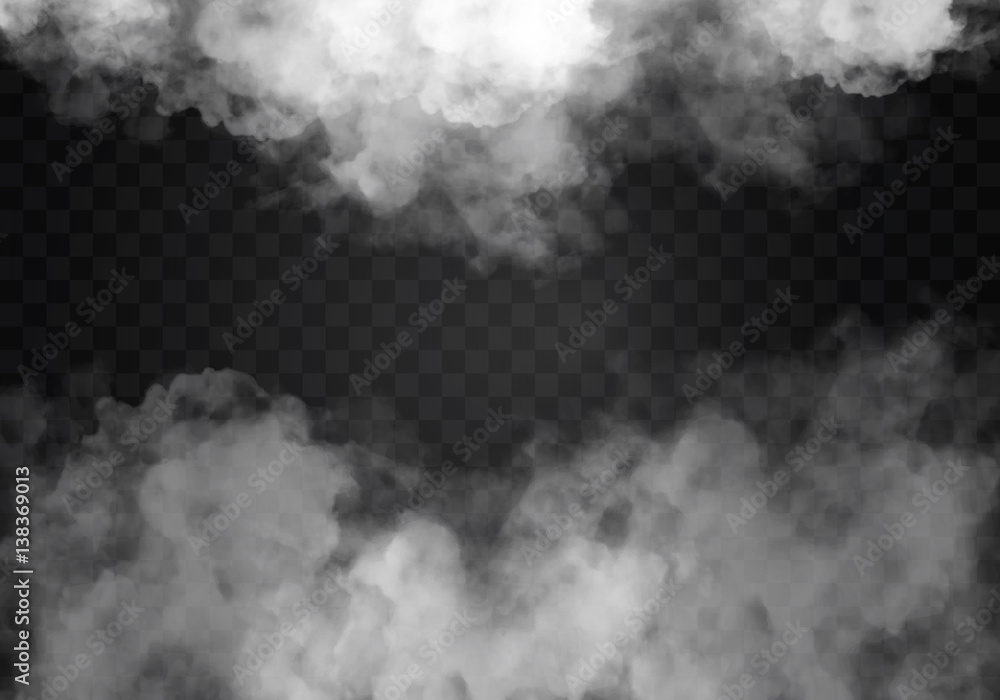 Plakat Mgła lub dym na białym tle przezroczysty efekt specjalny. Wektor biały zachmurzenie, mgła smog tle. ilustracja