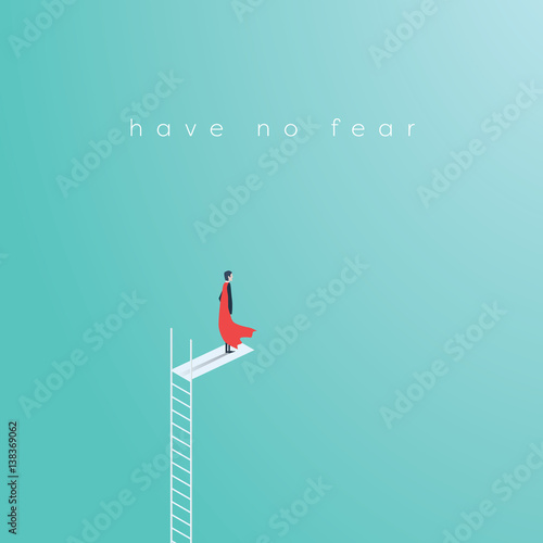 Business superhero businessman standing on high ladder jump. Symbol of business courage, bravery, fearless, power.