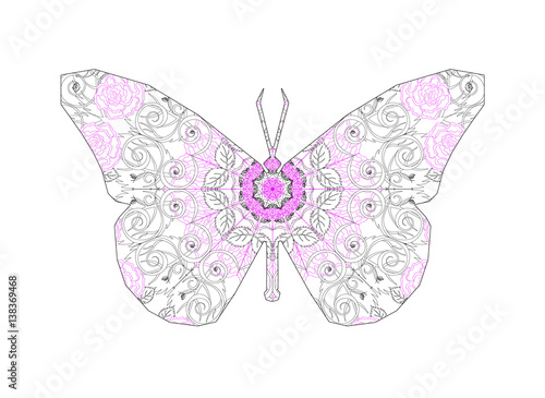 Silhouette of butterfly with circular ornament like spiderweb in violet tones. Floral mandala art.
