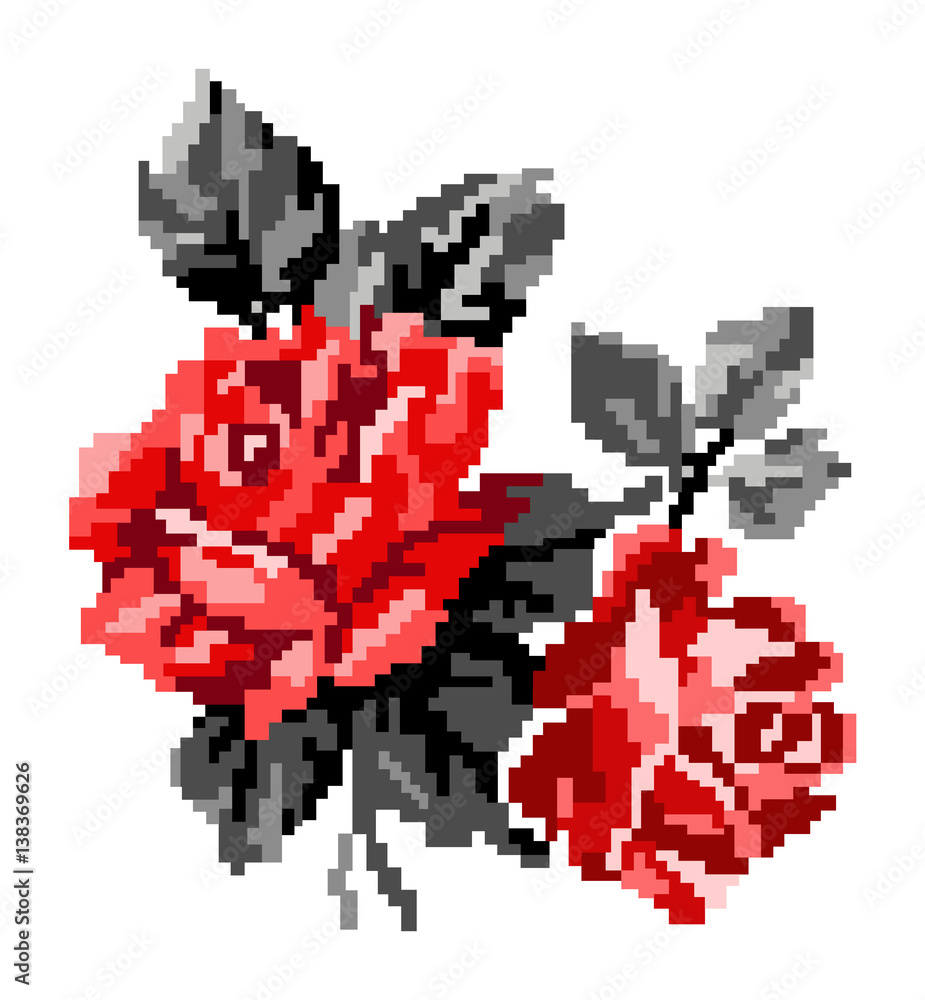 Color bouquet of flowers (roses) in red  and grey tones using traditional Ukrainian embroidery elements.  Can be used as pixel-art, card, emblem, icon.