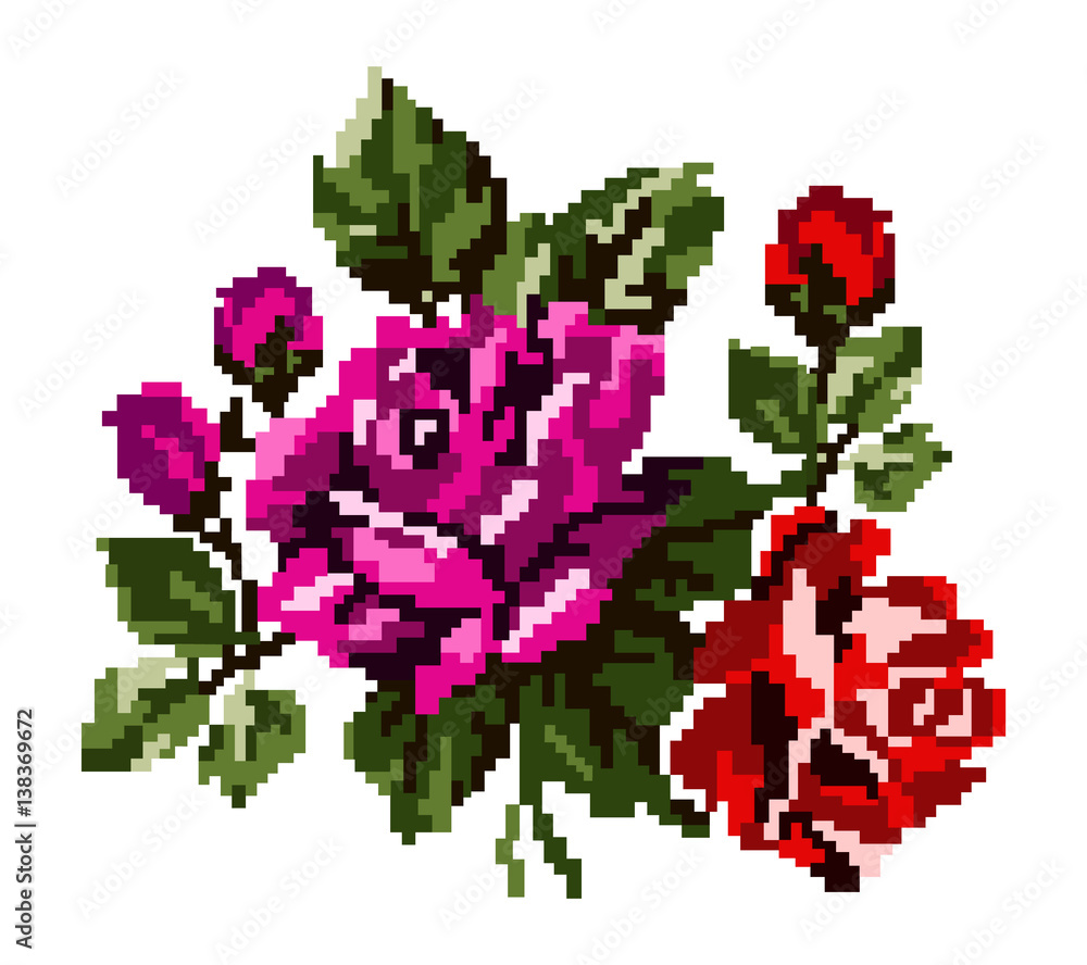 Color bouquet of flowers (roses) in red, pink and green tones using traditional Ukrainian embroidery elements.  Can be used as pixel-art, card, emblem, icon.