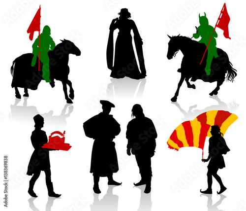 Silhouettes of people in medieval costumes. Knight, warrior, herald, princess.
