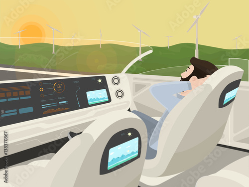 Self-driving electric car goes with relaxing passenger. Autonomous intelligent car without roof. Happy man sitting in comfortable smart car. Inside view. Flat style vector illustration.