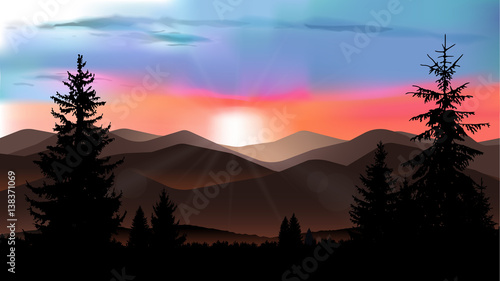 Nature landscape of mountains. Evening. Sunset red and pink tones. Mist in valley. Protect environment banner. Extreme sport banner. Tablet background.