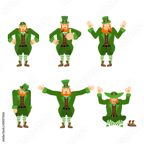 Leprechaun set motion. Happy and Sad. Angry and yoga. surprised and winks. Dwarf with red beard. Irish elf emotions. St.Patrick 's Day. Holiday in Ireland