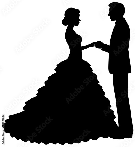 Silhouette of bride and groom on a white background