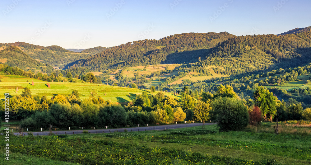 agricultural fields on hills sunrise