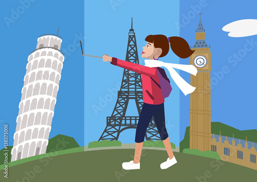 cartoon woman with selfie stick walking against europe attractio