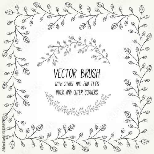 Vector brush with inner and outer corners, start and end tiles. Branch with leaves and bud. Perfect for round and rectangular frames, for separate decorative elements. Example using.