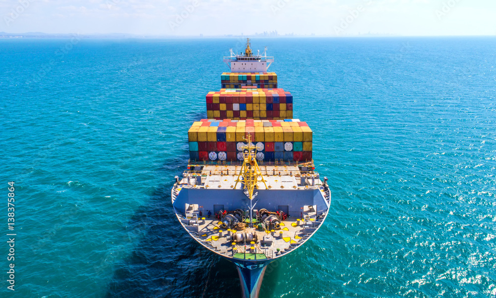 container ship in import export and business logistic.By crane ,Trade Port , Shipping.cargo to harbor.Aerial view.Top view. - obrazy, fototapety, plakaty 