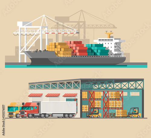 Delivery service concept. Container cargo ship loading, truck loader, warehouse. Flat style vector illustration. 