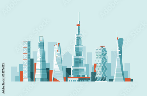 Modern urban landscape. Buildings and skyscrapers of different height. Flat vector illustration. 3d style.