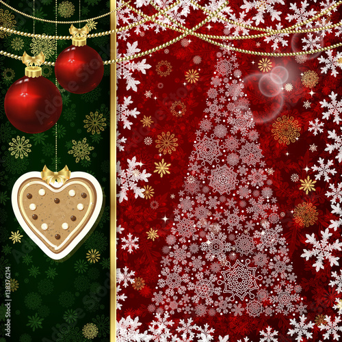 Christmas background with Christmas balls  decor elements and snowflakes.