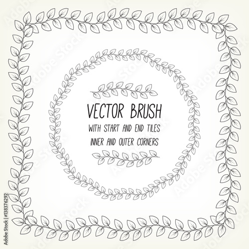 Vector brush with inner and outer corners, start and end tiles. Leaves on branch. Perfect for round and rectangular frames, for separate decorative elements. Example using.