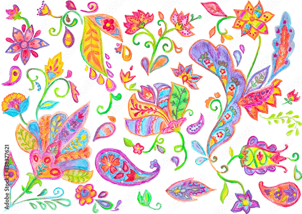 Hand drawn flower pattern. Colorful botanic texture with flowers, paisley and leafs.  Isolated objects on a white background. All elements are not cropped. Doodle style, spring floral background. 