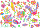 Hand drawn flower pattern. Colorful botanic texture with flowers, paisley and leafs.  Isolated objects on a white background. All elements are not cropped. Doodle style, spring floral background. 