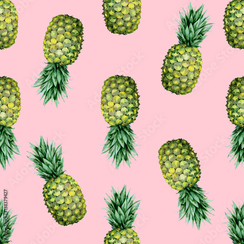 Seamless watercolor fruit illustration of pineapple. Pattern with tropic summ...