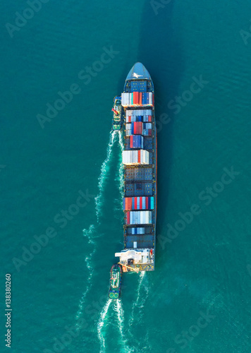 container ship in import export and business logistic.By crane ,Trade Port , Shipping.cargo to harbor.Aerial view.Water transport.International.Shell Marine.Top view. © MAGNIFIER