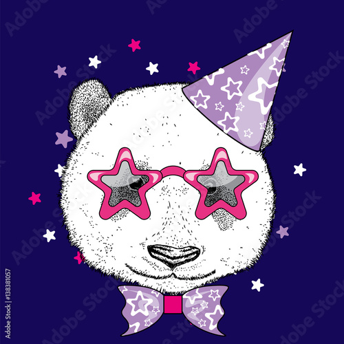 Fototapeta Naklejka Na Ścianę i Meble -  Cute panda in a celebratory cap and funny glasses. Vector illustration. Postcard or poster, print on clothes. A party.
