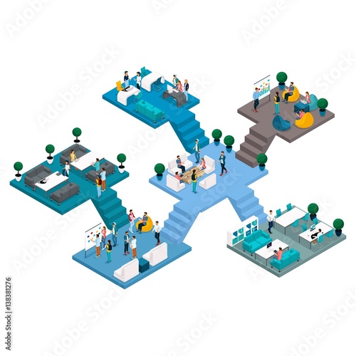 Luxury Isometric icons many storeyed building center in co working with stairs and bathrooms, free, creative people, freelancers work, socialize in a comfortable