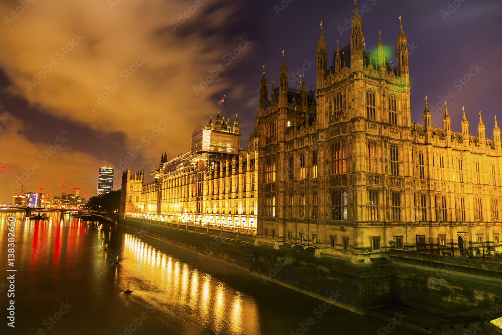 Houses of Parliament Thames River Westminster Bridge Night Westminster London England