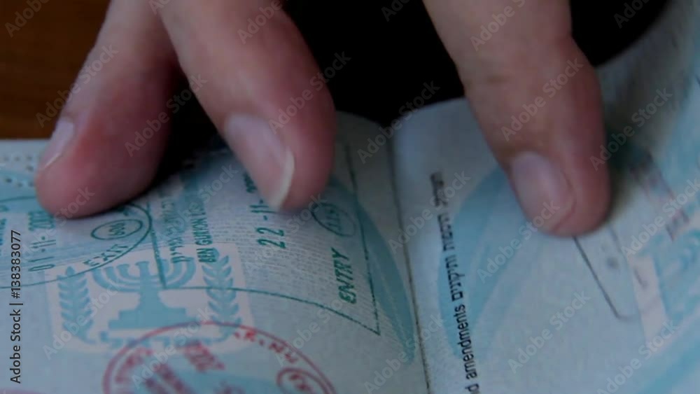 the Police Officer Looks in Passport Stamps of Crossing of Borders the Police Officer Looks in Passport Stamps of Crossing of Borders