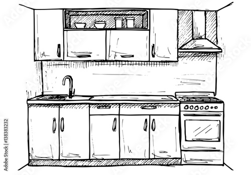 Kitchen sketch plan. Hand made vector illustration.