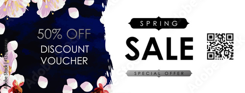 Gift certificate, Voucher, Coupon template with plum tree flowers, deep blue velvet and shabby white gold texture. Spring inspiration vector.