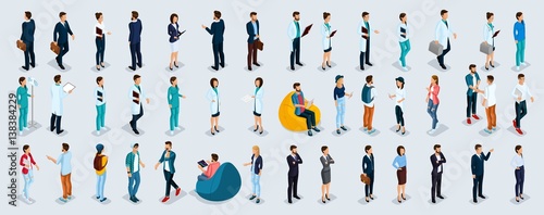 Isometric concept of coworking center. 3D people meeting, discussing, planning, brainstorming at the blackboard, comfortable armchairs in the open office space. Creative people, freelancers isolated