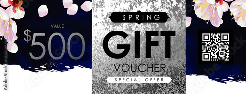 Gift certificate, Voucher, Coupon template with plum tree flowers, deep blue velvet and shabby white gold texture. Spring inspiration vector.