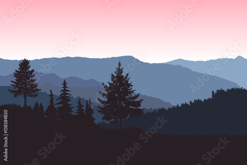 Mountains landscape. Silhouette of coniferous trees. Evening. Blue and pink shades.