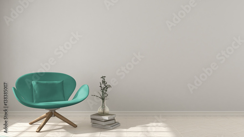Scandinavian minimalistic background  with turquoise armchair on herringbone natural parquet flooring  interior design