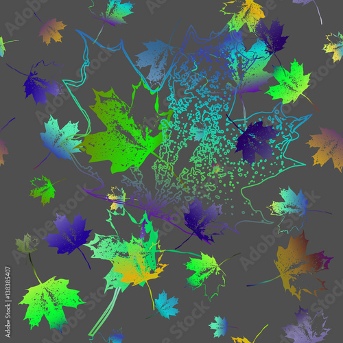 Seamless pattern of falling maple leaves. Grey background. Green and violet leaves. Can be used as poster  wallpaper  backdrop  background...