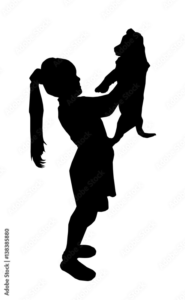 Silhouette of happy girl with long hairs keeping on hand dog.