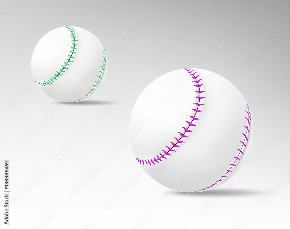 Two realistic 3d baseball balls with violet and green stitches. Two realistic 3d baseball balls with violet and green stitches.