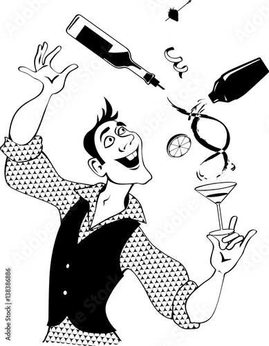 Mixologist demonstrates flair bartending making a cocktail, EPS 8 vector line illustration, no white objects