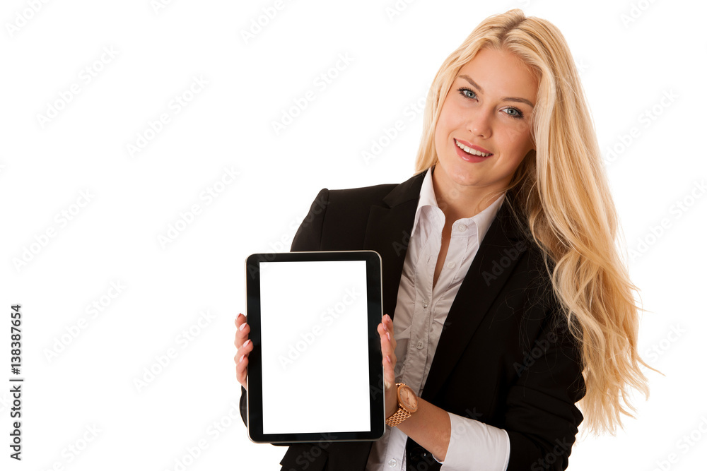 beautiful business woman working on tablet computer isolated over white beautiful business woman working on tablet computer isolated over white